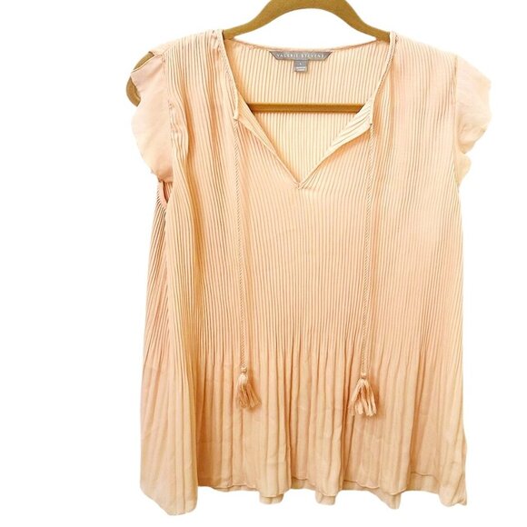 Valerie Stevens Women's Large Blouse Pink Flutter Sleeves V-Neck Faux Drawstring - Picture 2 of 5